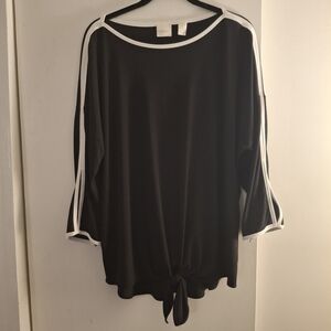 Chico's Women's Black 3/4-Sleeve Tie-Hem Top with White Trim